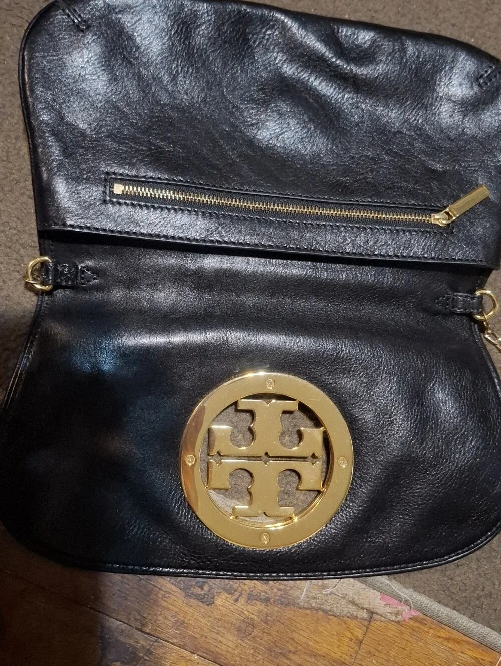 Tory Burch Black Leather Clutch with Gold Logo
